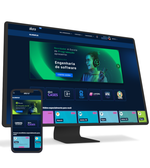 Um monitor e um celular com Alura+ aberto